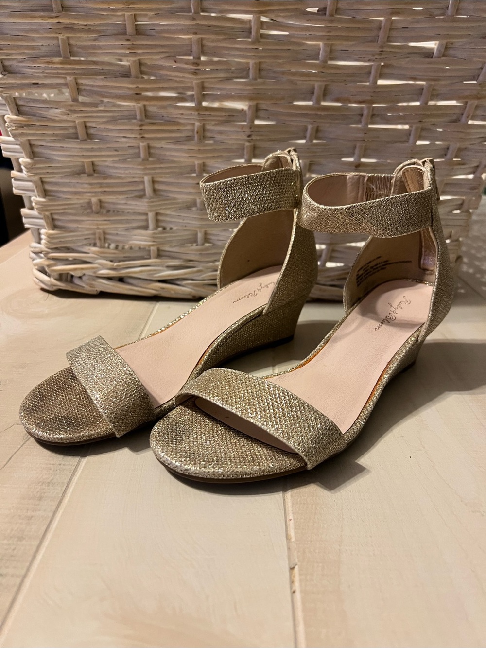 ruby & bloom Gold Glitter Ankle-Strap Wedge Sandals